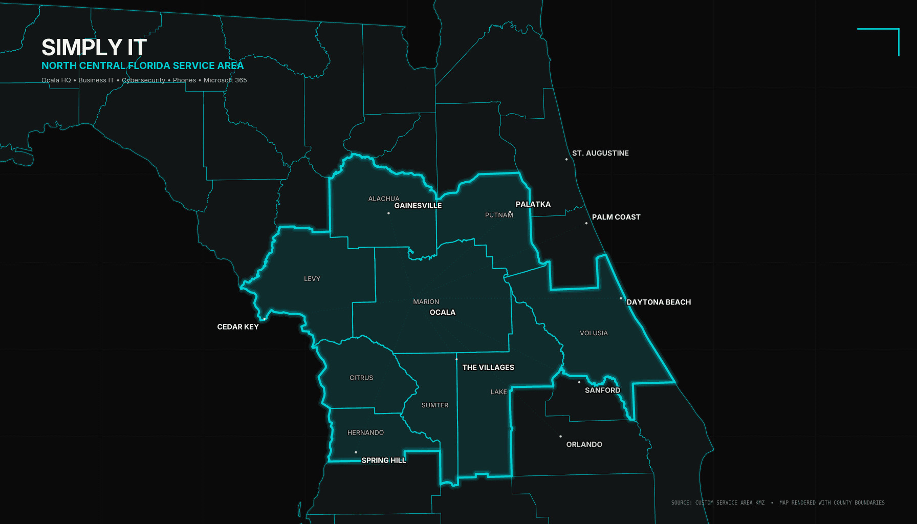 Simply IT service area map covering Marion, Sumter, Lake, Alachua, Volusia, Levy, Citrus, Hernando, and Putnam counties in North Central Florida with headquarters in Ocala.